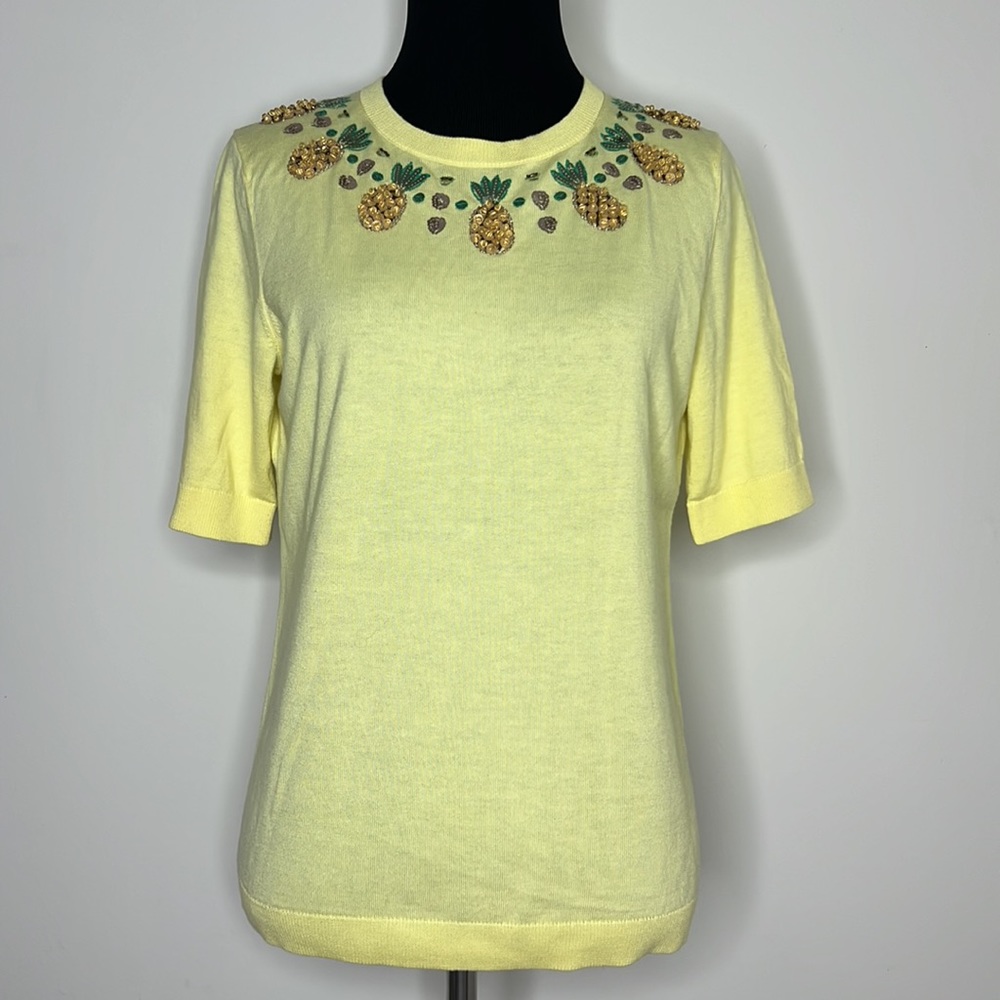 TALBOTS Petite Yellow Thin Knit Pineapple Embellished Top S
